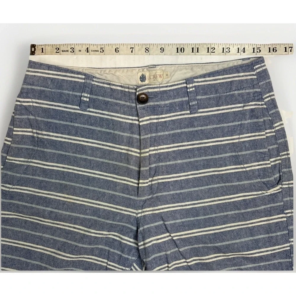 J. Crew Mens Blue and White Striped Flat Front Summer Shorts Linen Blend Size 30